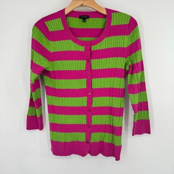 Talbots womens Green Pink Striped Cardigan cable knit sweater Size Small cotton - Picture 2 of 10